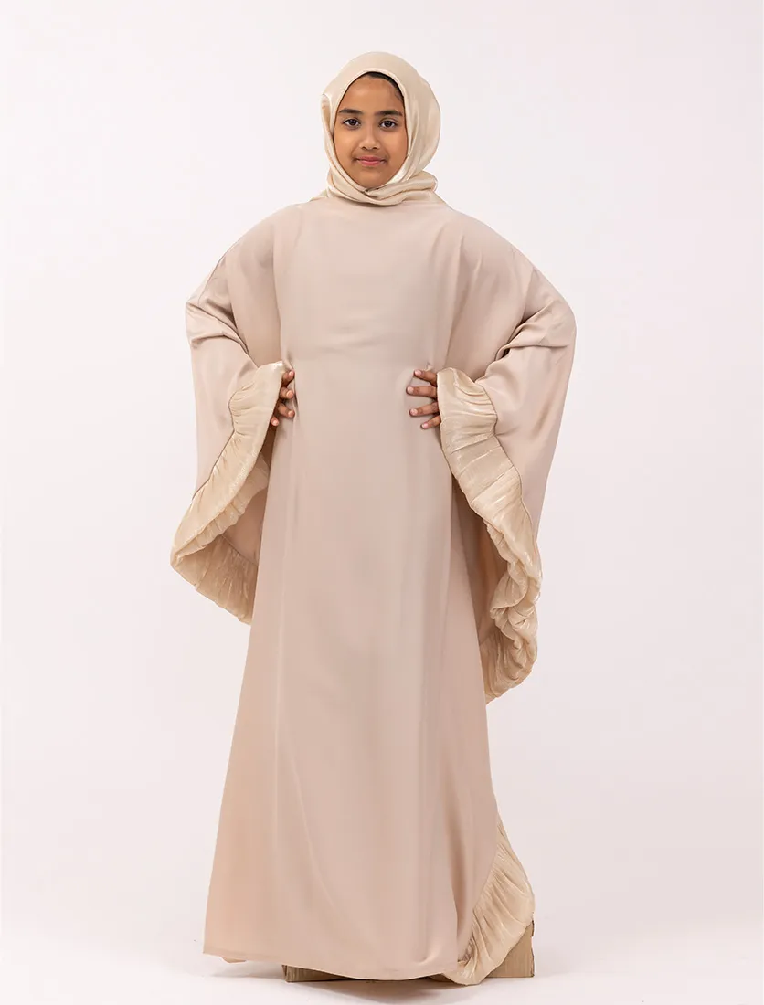 Beige Girls Organza Trim Kaftan
